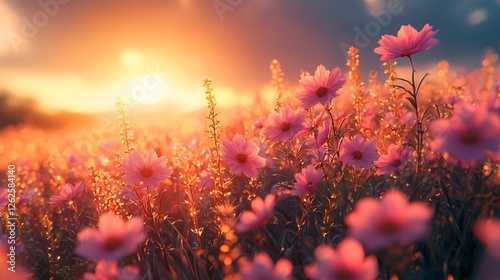 Pink cosmos field sunset, beautiful flowers, golden light, nature, idyllic scene, perfect for wallpaper or greeting card photo