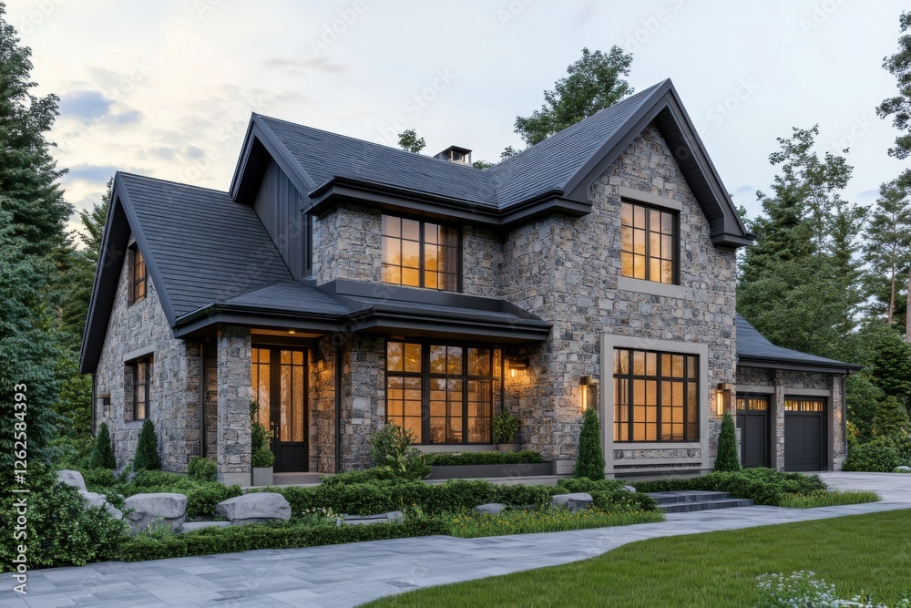 Charming two-story stone house with large windows and inviting landscape during evening time, surrounded by trees and greenery Charming two-story stone house with large windows and inviting landscape during evening time, surrounded by trees and greenery