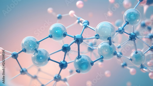 A futuristic 3D visualization of a molecular structure with interconnected atoms forming a complex network.