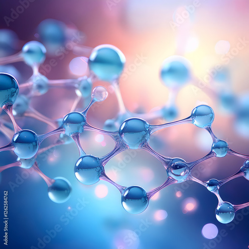 A futuristic 3D visualization of a molecular structure with interconnected atoms forming a complex network.