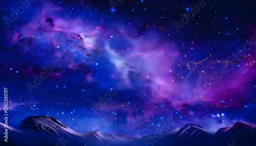 A breathtaking cosmic night sky with a glowing purple nebula stretching across the stars. Snow-capped mountains in the foreground add depth to this dreamy and otherworldly scene.