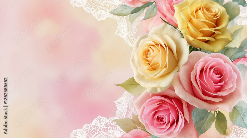Obraz premium Pastel Roses Bouquet on Lace Background - Romantic Floral Design