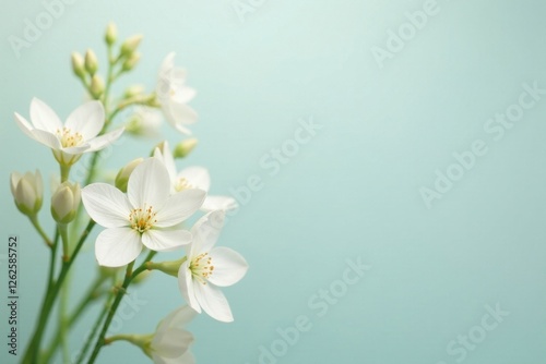 Delicate white flowers, simple cluster, clean backdrop , minimal, still life