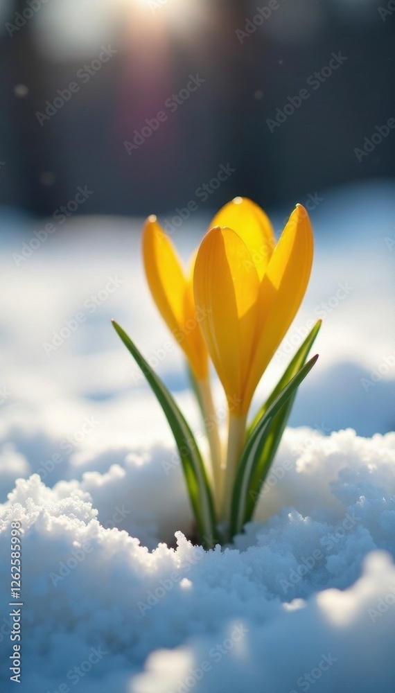 Fototapeta premium Delicate yellow crocus emerging from melting snow , nature, ice