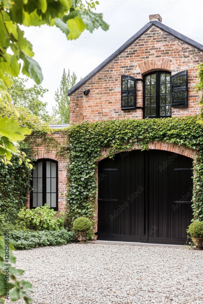 Nestled in a peaceful outdoor environment, this enchanting brick building is beautifully adorned with vibrant green vines and features a charming gravel driveway Nestled in a peaceful outdoor environment, this enchanting brick building is beautifully adorned with vibrant green vines and features a charming gravel driveway