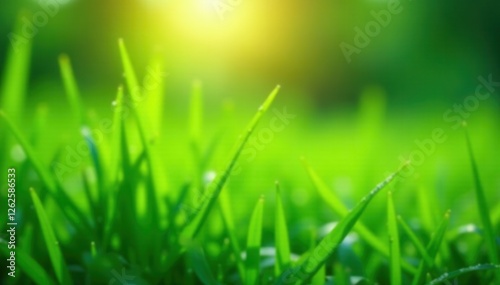 Dew-kissed grass blades, vibrant green, bokeh background, picture, wet