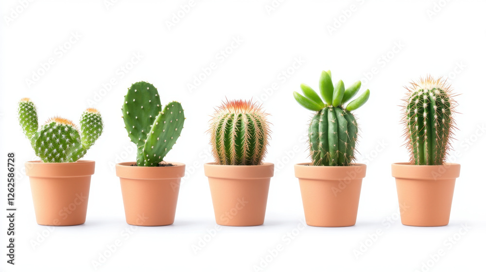 Cacti in terracotta pots arranged in row, showcasing various shapes and sizes. These vibrant plants add touch of nature to any space, perfect for home decor or gardening enthusiasts Cacti in terracotta pots arranged in row, showcasing various shapes and sizes. These vibrant plants add touch of nature to any space, perfect for home decor or gardening enthusiasts