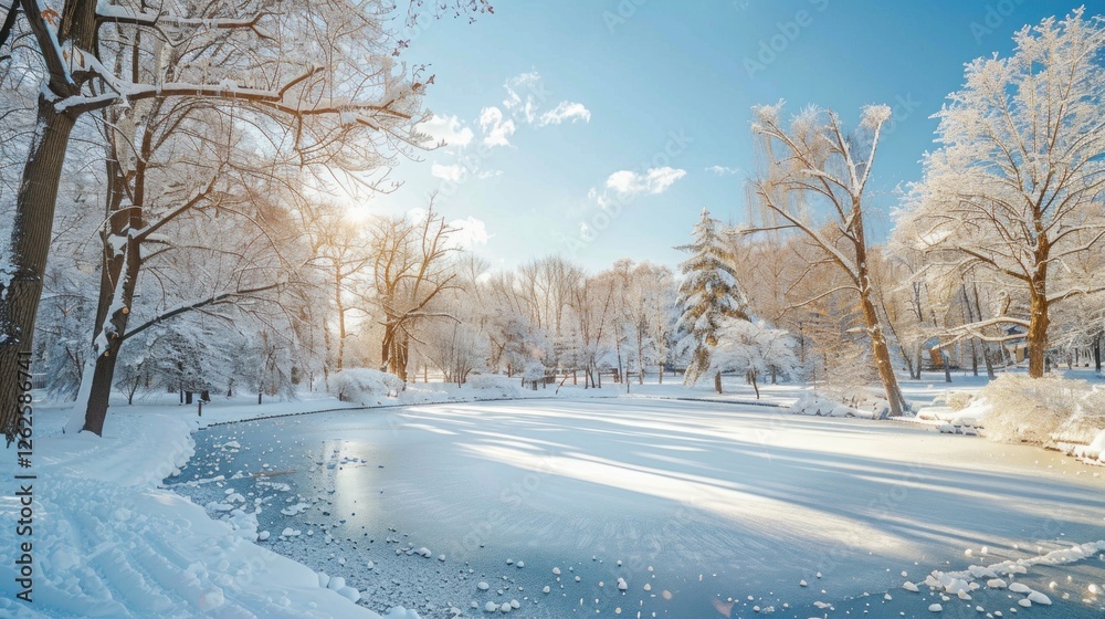 Fototapeta premium Winter Wonderland: Sunlit Frozen Lake in Snow Covered Park