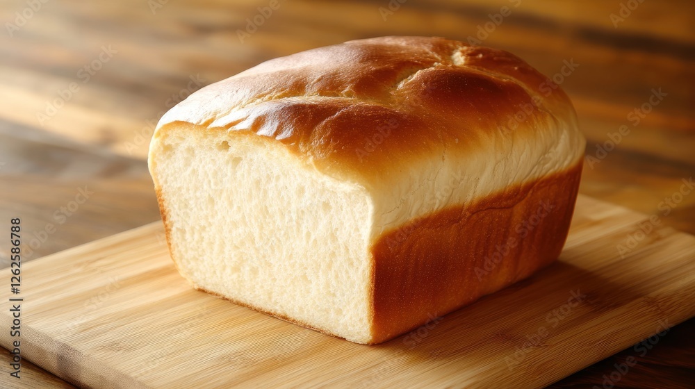 Freshly baked loaf of soft white bread resting on a wooden cutting board, with a warm kitchen ambiance in the background Freshly baked loaf of soft white bread resting on a wooden cutting board, with a warm kitchen ambiance in the background
