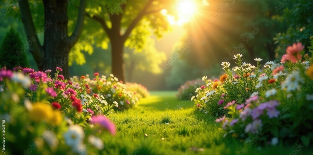Obraz premium Dreamy, out-of-focus garden scene, sunlit trees, image-resource, vibrant