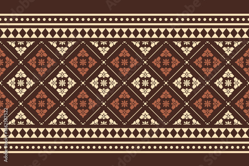 Traditional seamless geometric ethnic pattern. Decorated with brown carpet flowers.