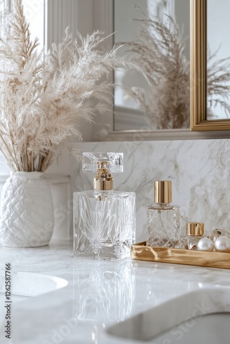 An elegant bathroom vanity featuring exquisite perfumes and decorative elements for a luxurious ambiance.