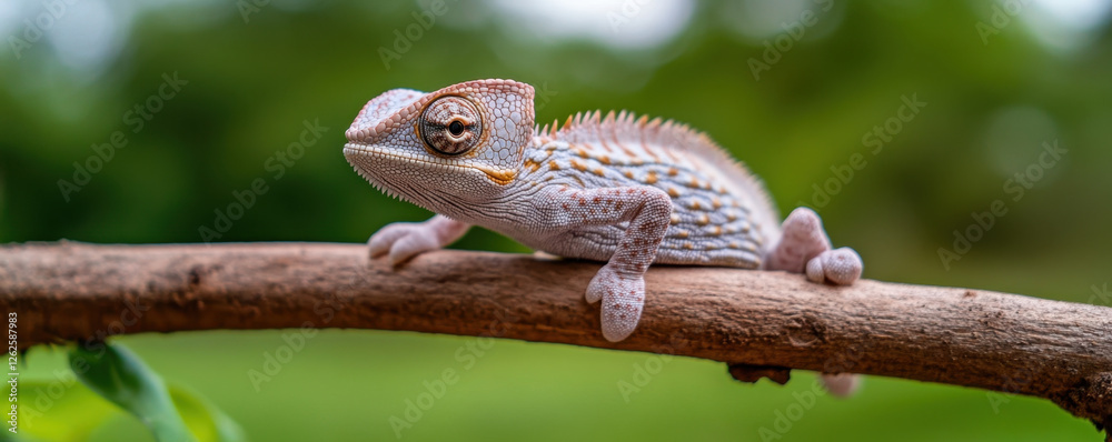 close up of chameleon resting on branch, showcasing its unique texture and colors in natural setting. vibrant green background enhances lizard features close up of chameleon resting on branch, showcasing its unique texture and colors in natural setting. vibrant green background enhances lizard features