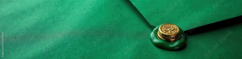 Emerald green envelope, gold wax seal, linen texture, branding, formal Emerald green envelope, gold wax seal, linen texture, branding, formal