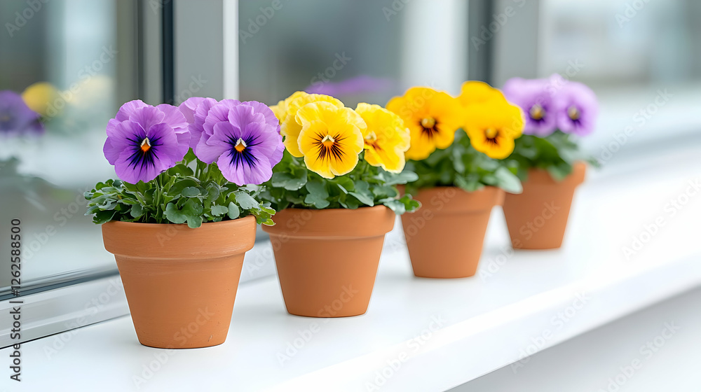 Pansies in terracotta pots on windowsill Pansies in terracotta pots on windowsill