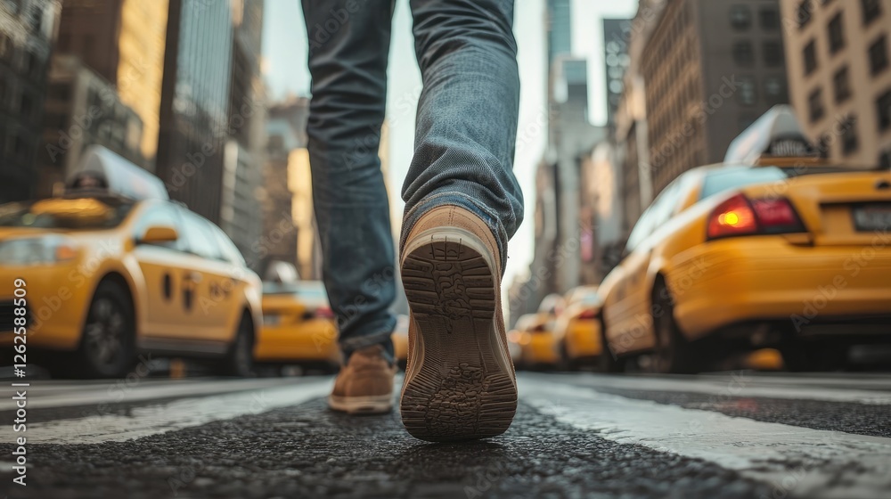 Low-angle close-up view of a person's feet walking on a city street in Midtown Manhattan.
