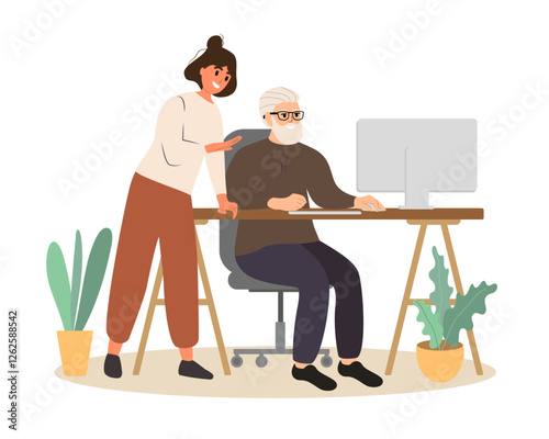 Modern old people using internet, computers. Senior man with computer. Young people help old man with computer. Elderly generation online.Vector illustration.