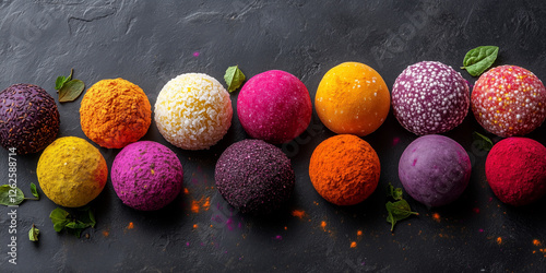 Traditional Indian sweets for Holi arranged on a dark textured background, featuring festive treats in multiple colors photo