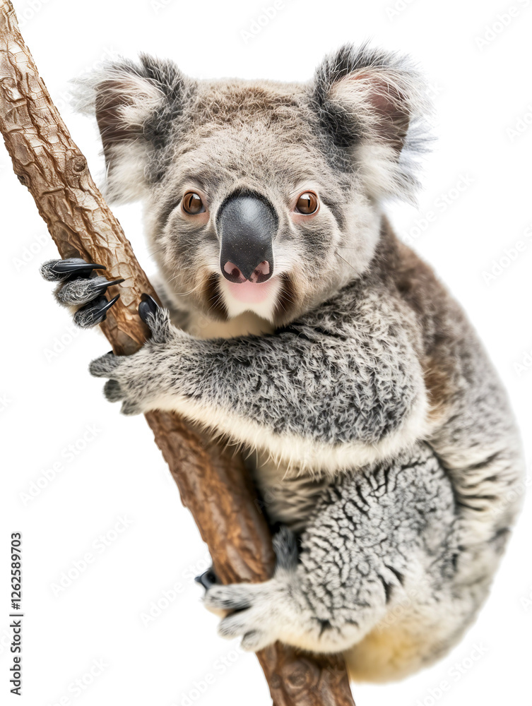 Close-up of a koala clinging to a tree, showcasing its fluffy fur, round ears, and expressive eyes. A high-resolution wildlife image with intricate details and a transparent background. Close-up of a koala clinging to a tree, showcasing its fluffy fur, round ears, and expressive eyes. A high-resolution wildlife image with intricate details and a transparent background.