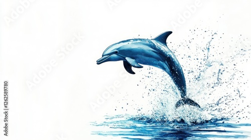 Dolphin leaping, ocean splash, white background, aquatic wildlife photo