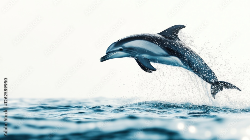 Fototapeta premium Dolphin leaping ocean, white background, marine wildlife, nature documentary