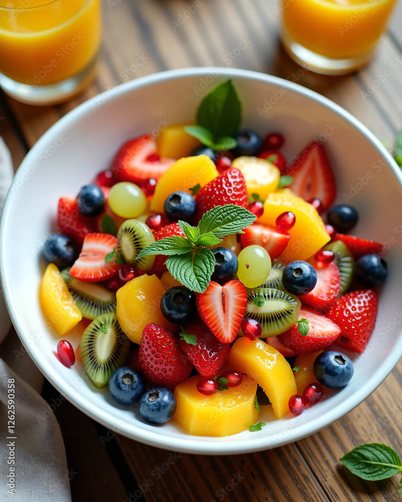 A beautifully arranged fruit salad in a white ceramic bowl, featuring strawberries, blueberries, kiwi, mango, grapes, and pomegranate seeds, garnished with fresh mint leaves for a vibrant and refreshi
