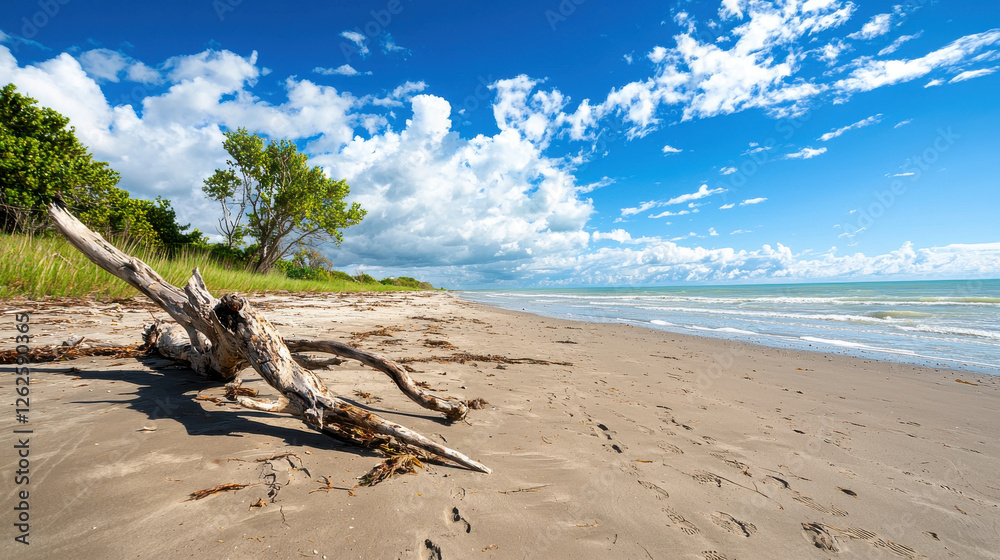 serene beach scene with driftwood, lush greenery, and bright blue sky serene beach scene with driftwood, lush greenery, and bright blue sky