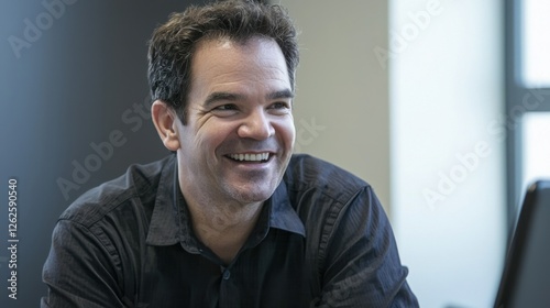 A middle-aged man with dark, curly hair is smiling while seated. The background is softly blurred, emphasizing his cheerful expression. photo