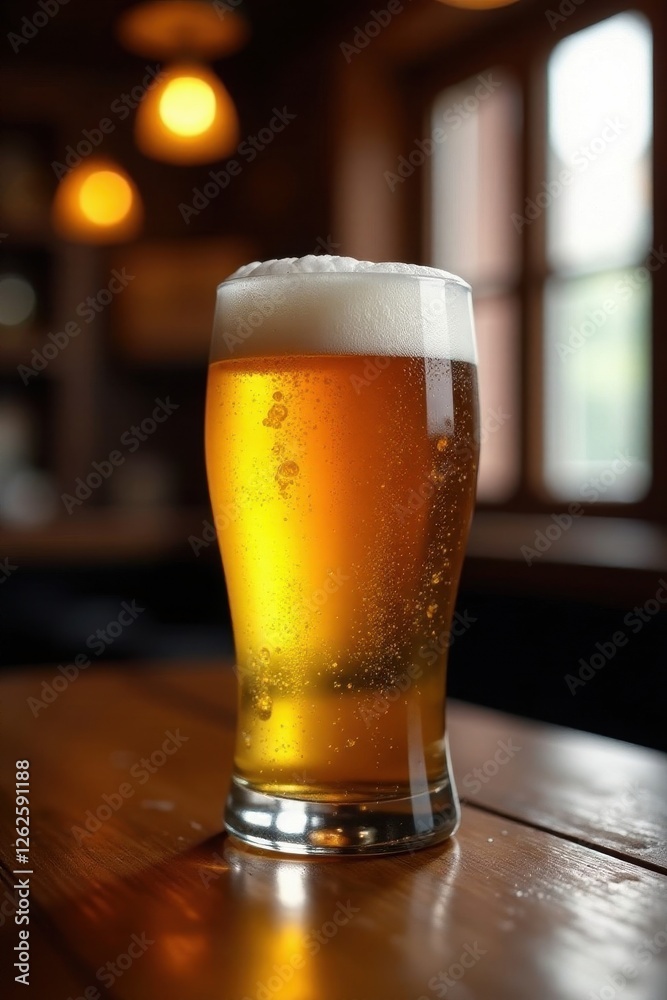 Golden beer, pint glass, wood bar, pub lighting, alcohol, texture, atmosphere