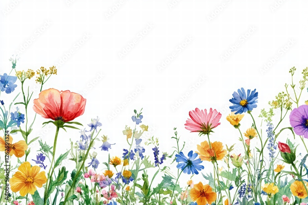Fototapeta premium Watercolor wildflower field border design with an empty center area for text, a colorful meadow flower border on a white background. 