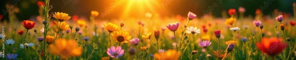 Golden hour light bathes wildflowers in a colorful spring meadow sunrise , scenic, wildflowers Golden hour light bathes wildflowers in a colorful spring meadow sunrise , scenic, wildflowers