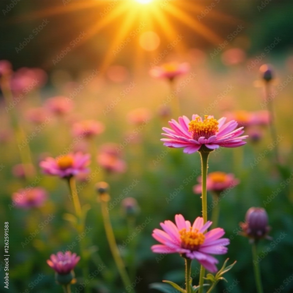 Golden hour light on wildflowers, soft focus, summer ambiance, vibrant, idyllic, rays