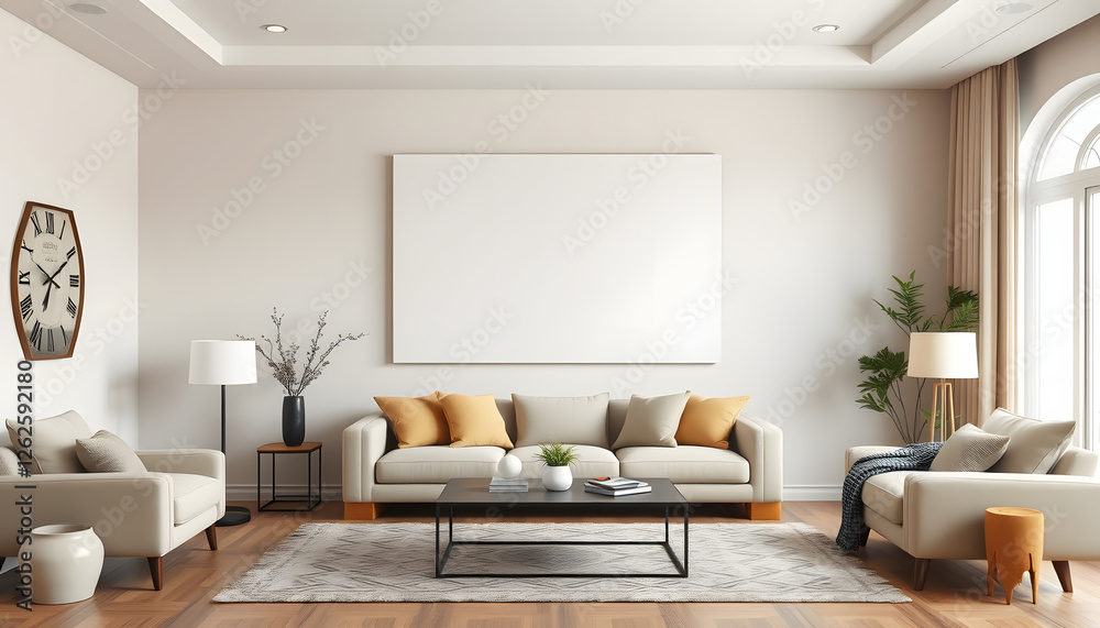Fototapeta premium Empty canvas in a beige living room with modern details, grunge. with white shades