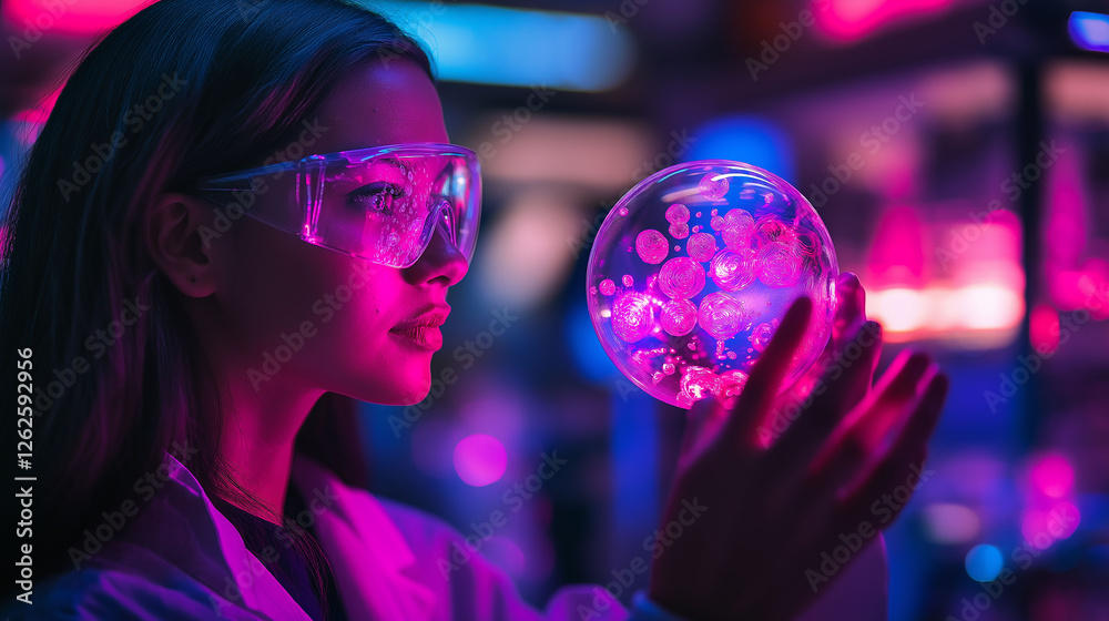 Naklejka premium A confident woman scientist inspects a petri dish filled with glowing biotech samples in a high-tech laboratory. The lab’s sterile environment contrasts with her brilliant ideas