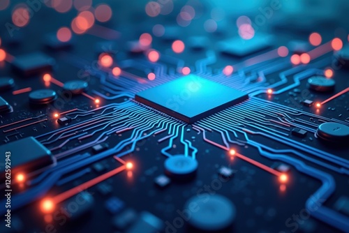 Exploring the Intricate Design of a Computer Microchip: A Close-Up View of Circuitry and Connections Illuminated in Vibrant Colors, Highlighting the Technology of Modern Electronics photo