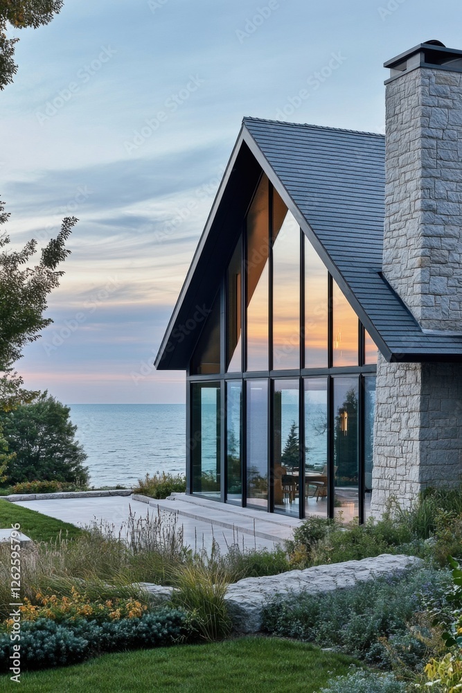 custom made wallpaper toronto digitalModern lakeside house with large glass windows offering stunning sunset views over the water, nestled among lush greenery and stone landscaping