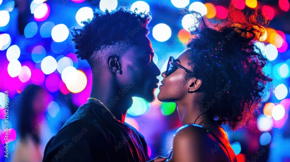 A couple taking a slow dance under fairy lights inside the studio, shadows gently falling on their faces, a moody deep blue background A couple taking a slow dance under fairy lights inside the studio, shadows gently falling on their faces, a moody deep blue background