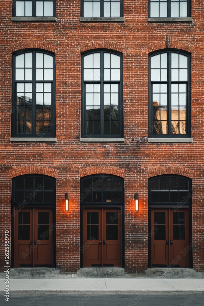 Obraz premium A charming historic brick building, characterized by its expansive windows and elegant wooden doors, stands out beautifully in an urban environment, especially during the enchanting golden hour