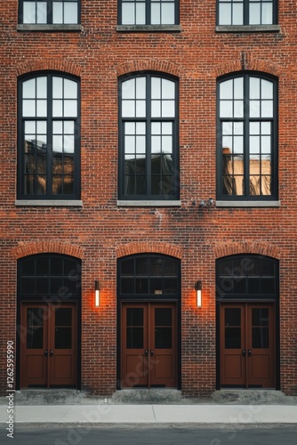 A charming historic brick building  characterized by its expansive windows and elegant wooden doors  stands out beautifully in an urban environment  especially during the enchanting golden hour