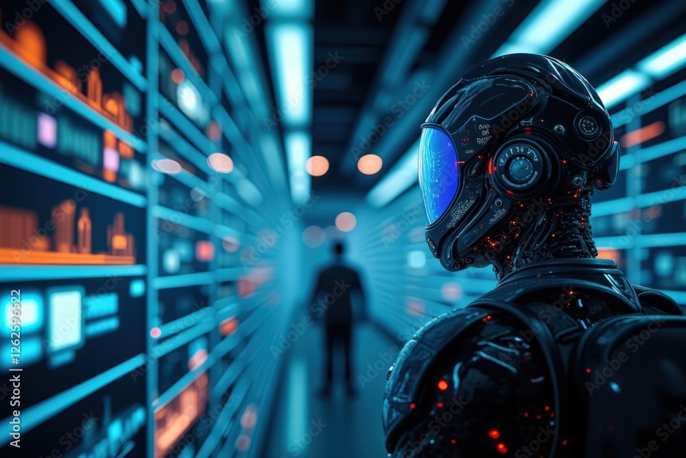 Futuristic Robot in Neon Cyber Environment with Human Figure: Exploring AI's Role in Technology and Data Management Futuristic Robot in Neon Cyber Environment with Human Figure: Exploring AI's Role in Technology and Data Management