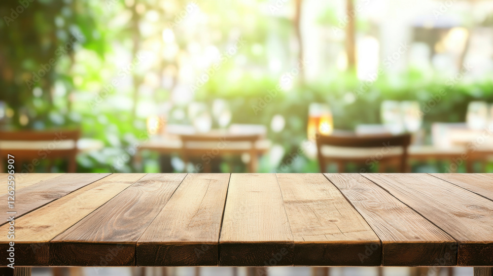 beautiful wooden table top with blurred background of greenery and chairs, creating serene atmosphere perfect for dining or relaxation beautiful wooden table top with blurred background of greenery and chairs, creating serene atmosphere perfect for dining or relaxation
