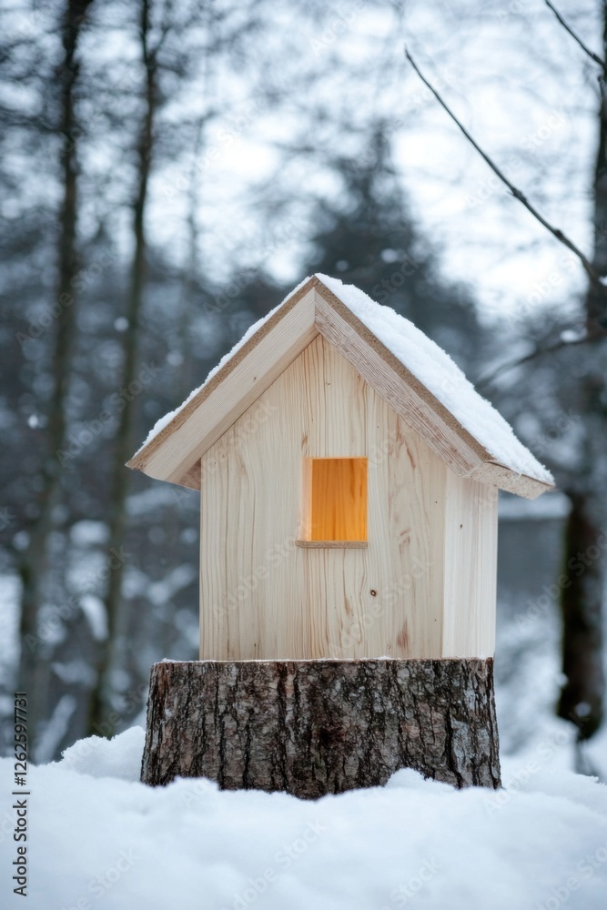 A charming wooden birdhouse glows softly in the snowy landscape of winter, casting a warm and inviting ambiance among the frosty trees at dawn A charming wooden birdhouse glows softly in the snowy landscape of winter, casting a warm and inviting ambiance among the frosty trees at dawn