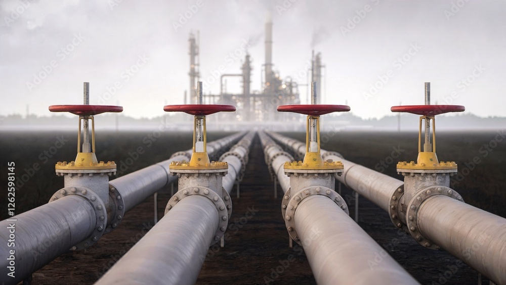 Industrial Oil Or Gas Pipeline System with Valve Controls and Refinery in Distance Industrial Oil Or Gas Pipeline System with Valve Controls and Refinery in Distance