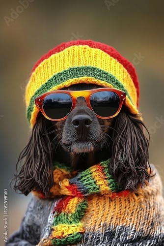 Cocker Spaniel dog dressed in knitted rasta colors, wearing red and yellow with green scarf, hat and sunglasses. Rastafarian animal and funny dog concept.