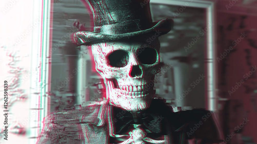 Obraz premium A skeleton wearing a top hat appears distorted with digital glitch effects, creating a surreal and eerie cyber-horror atmosphere 