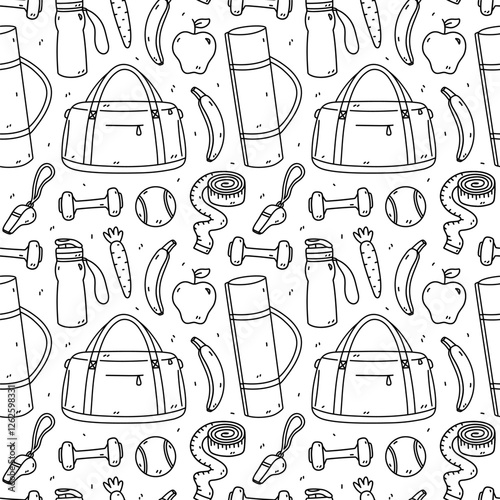 Seamless pattern with workout accessories - sports bag, dumbbells, whistle, mat for yoga, tennis ball, fruits. Vector hand-drawn doodle illustration. Perfect for print, wallpaper, decorations.