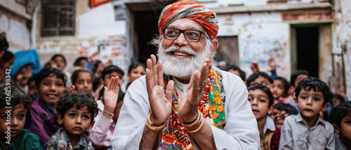 A joyful elderly man in traditional attire claps while surrounded by a group of attentive children, celebrating a vibrant cultural moment in a lively setting. photo