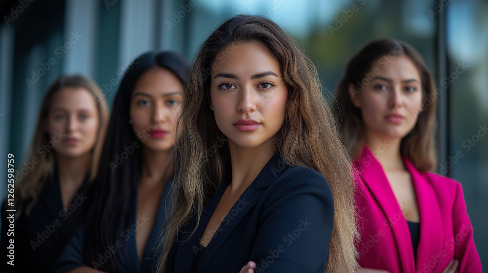 A diverse group of women stands confidently in business casual attire, representing a blend of professionalism and individuality A diverse group of women stands confidently in business casual attire, representing a blend of professionalism and individuality