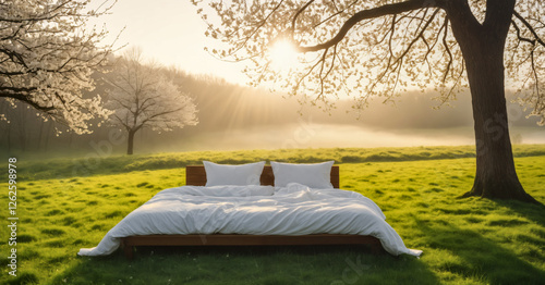 Bed in a grassy field at dawn. Bed has white linen and two pillows. Sunlight streams through the trees and casts a wam glow. Surreal and peaceful.  photo