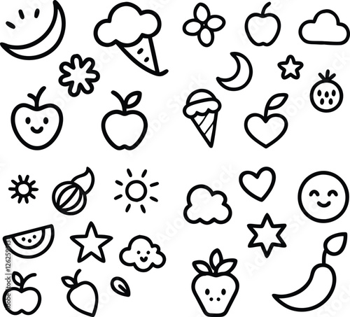 Cute Black Line Art Collection of Nature and Food Icons.